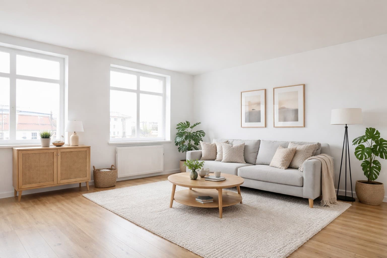 Dasselbe Wohnzimmer nach KI-Virtual-Staging mit ImmoStage — modern eingerichtet für Immowelt