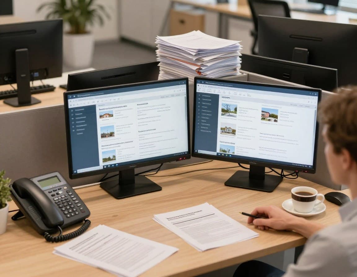 Makler-Schreibtisch mit Papierstapeln und mehreren Bildschirmen — typische Zeitfresser im Büroalltag