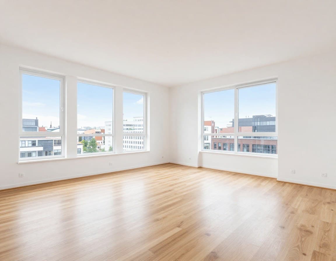 Leeres Wohnzimmer vor Virtual Staging — typisches Maklerproblem bei Zeitdruck