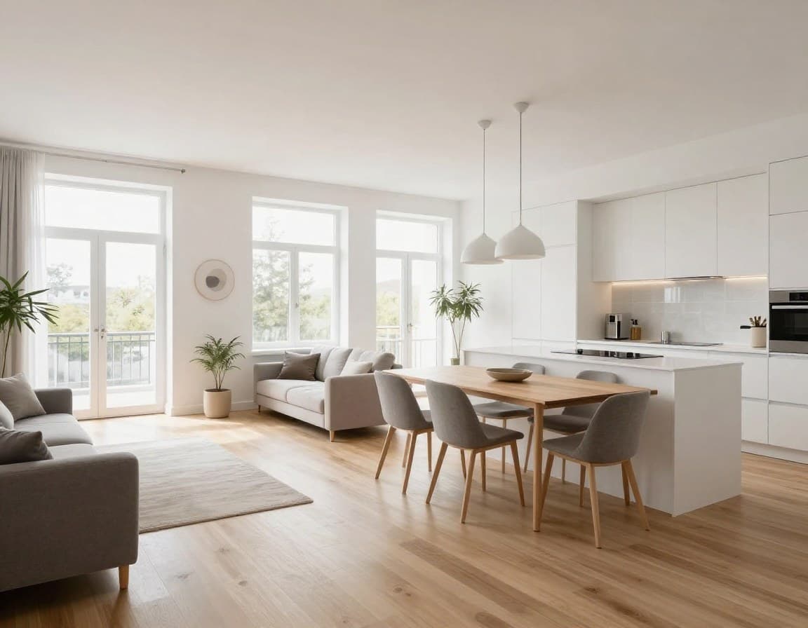 Offener Wohn-Essbereich in einer modernen 100 qm Wohnung mit Küche und hellem Holzboden