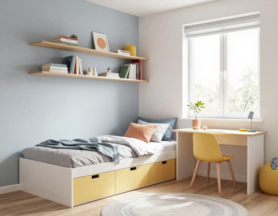 Kompaktes Kinderzimmer mit 12 qm in einer 100 qm Wohnung, helle Farben und clevere Raumnutzung