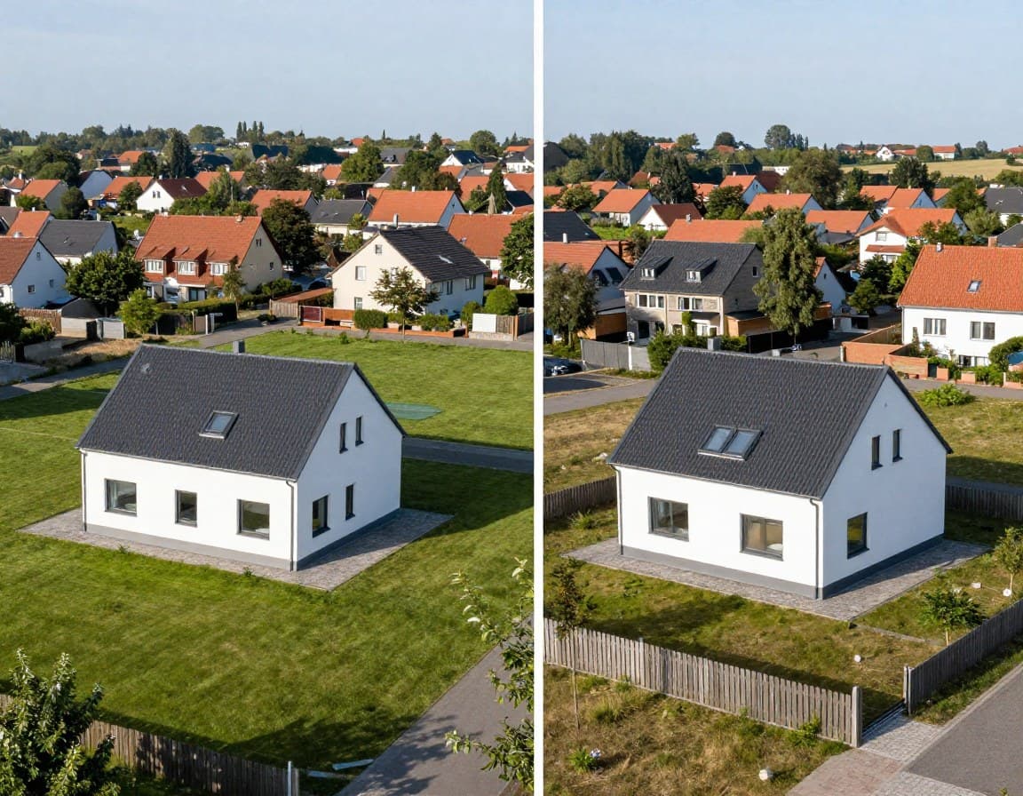 Vergleich Bungalow und zweigeschossiges Haus mit 120 Quadratmeter Wohnfl\u00E4che aus der Vogelperspektive