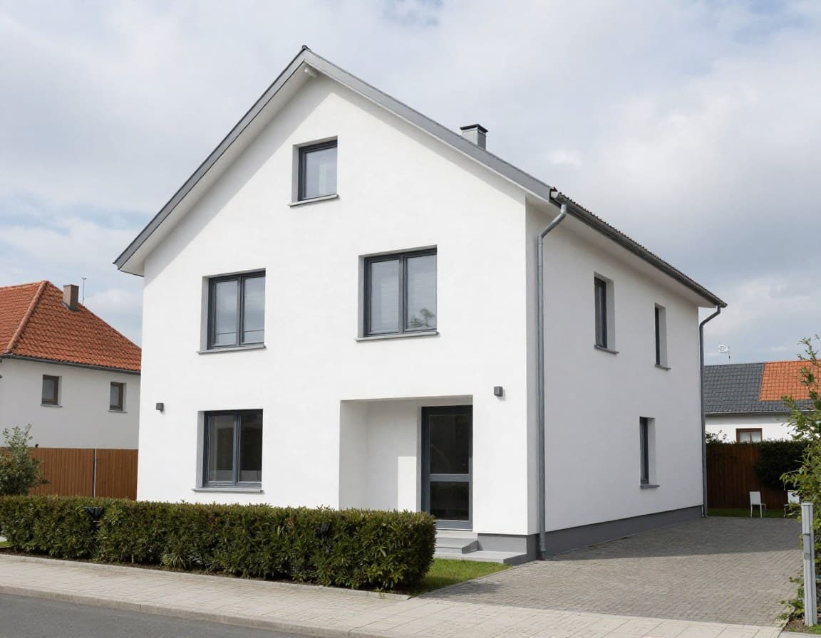 Modernes deutsches Einfamilienhaus mit 120 Quadratmeter Wohnfl\u00E4che und gepflegtem Vorgarten