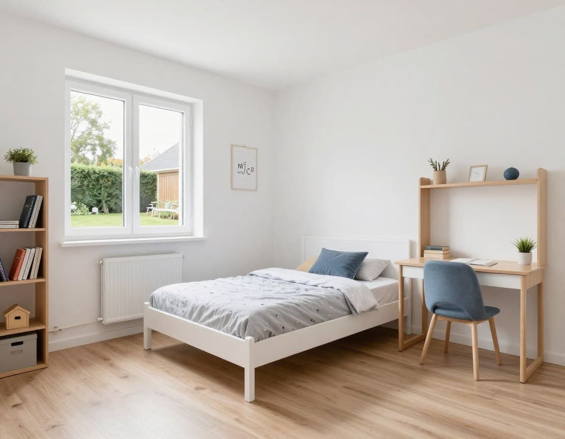 Helles Kinderzimmer mit 12 Quadratmeter in einem 120 qm Grundriss mit Schreibtisch und Bett