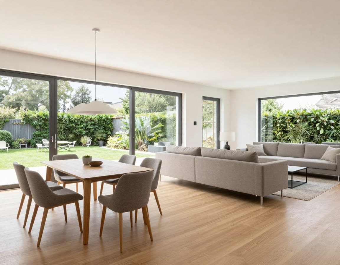 Offener Wohn-Essbereich mit 40 Quadratmeter in einem 120 qm Grundriss mit bodentiefen Fenstern