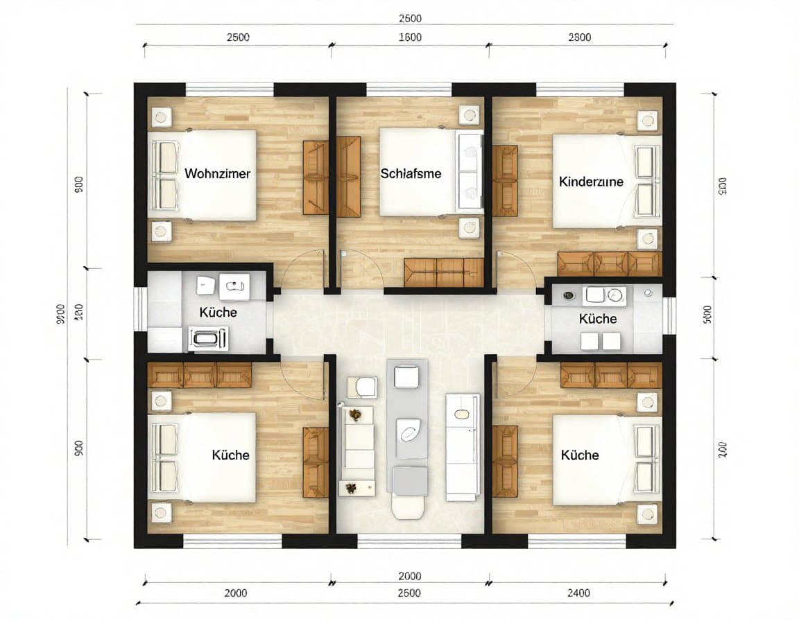 4-Zimmer-Grundriss Beispiel mit offener Wohnküche und zwei Schlafzimmern