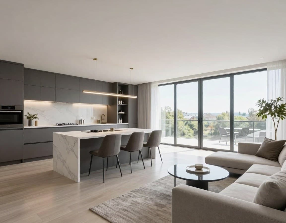 Moderner 5-Zimmer-Grundriss mit offener Wohnküche und Kochinsel