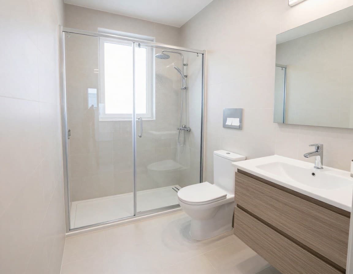 Modernes Badezimmer mit durchdachtem Grundriss, Regendusche und Doppelwaschtisch