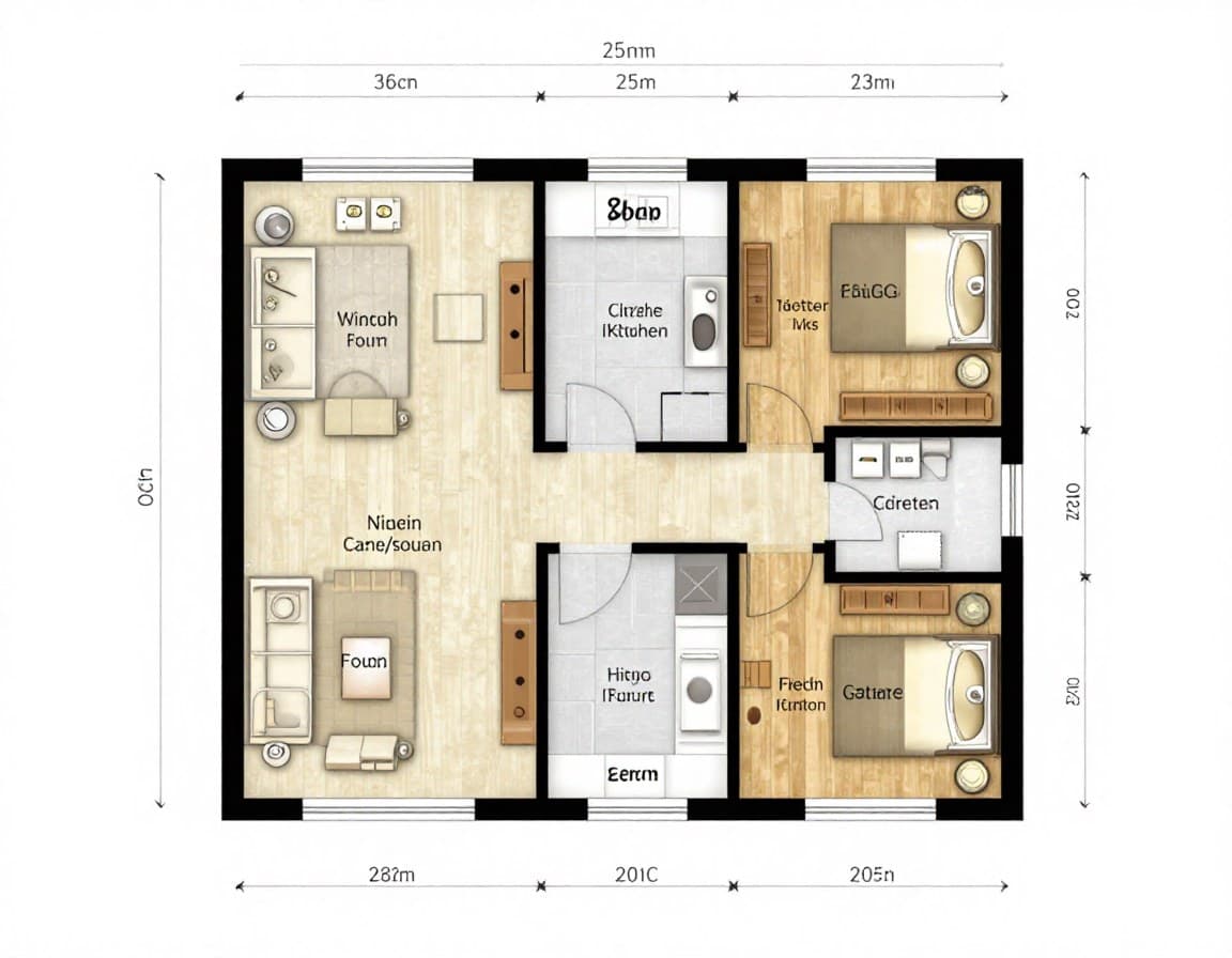 Beispiel-Grundriss einer 3-Zimmer-Wohnung mit Raumaufteilung und Maßangaben