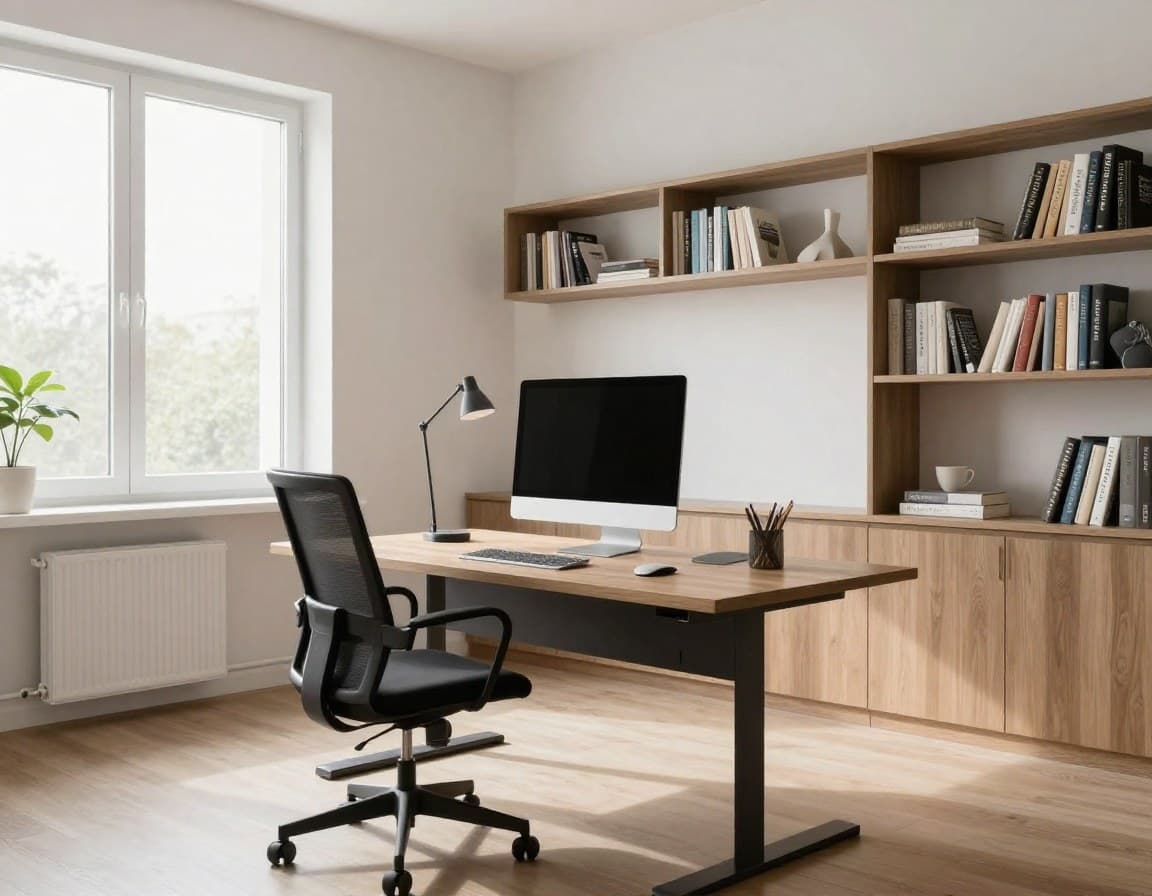 Ergonomisch eingerichtetes Home Office mit Stehschreibtisch in einer deutschen Wohnung