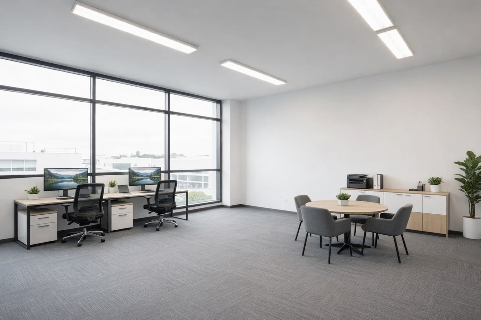 Bürofläche nach Virtual Staging mit Arbeitsplätzen und Besprechungstisch