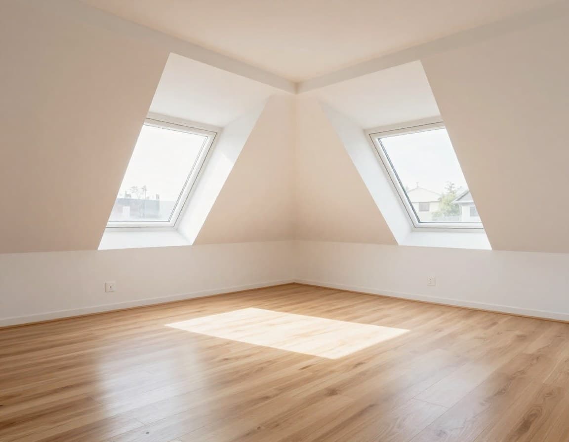 Helles Dachgeschoss mit Schrägen und großen Gauben-Fenstern, leerer Raum zeigt die Architektur