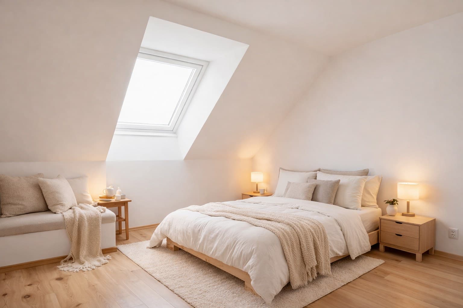 Dachgeschoss-Schlafzimmer nach Virtual Staging mit skandinavischer Einrichtung