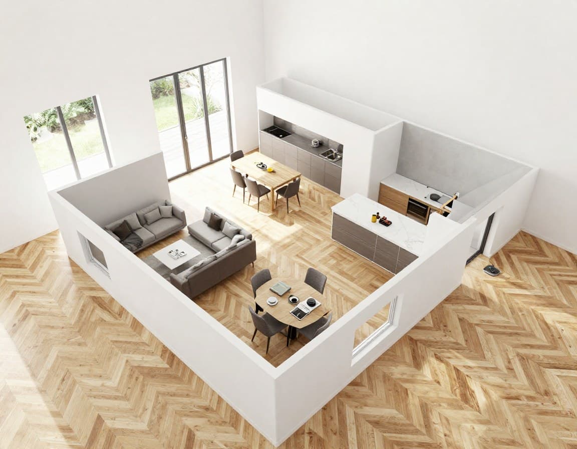 Offener Erdgeschoss Grundriss mit verbundenem Wohn-Essbereich und Küche