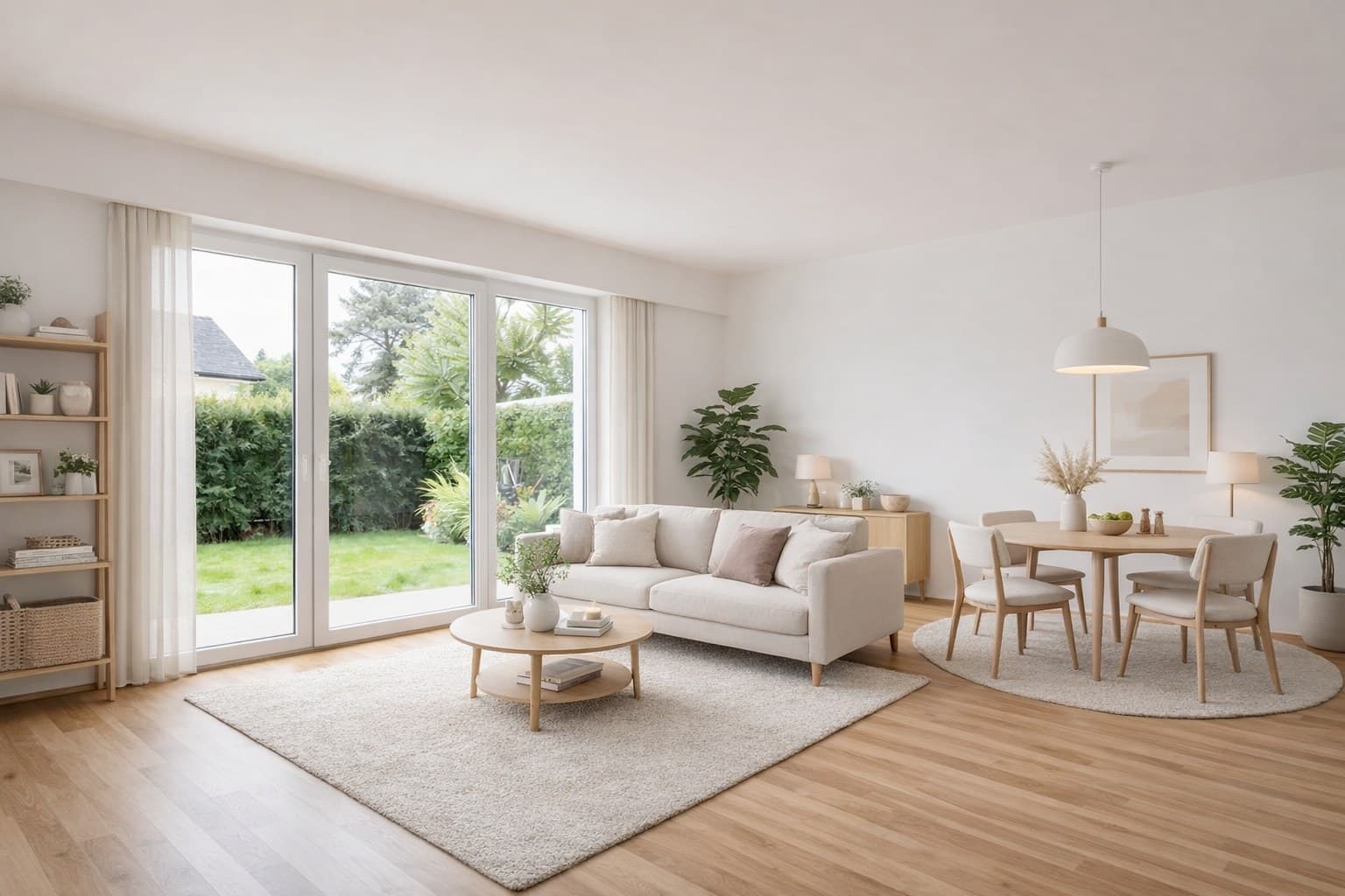 Erdgeschoss-Wohnzimmer mit Virtual Staging eingerichtet