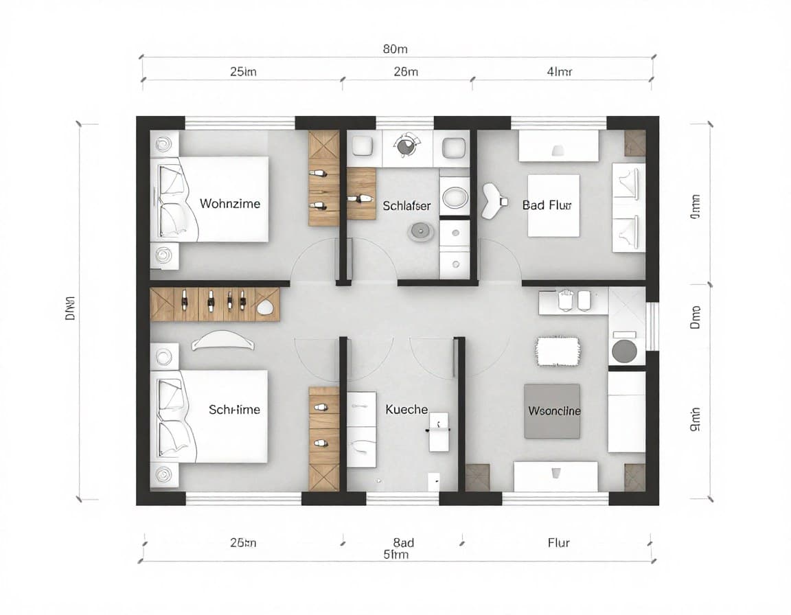 Professioneller 2D-Grundriss einer 3-Zimmer-Wohnung, erstellt mit KI