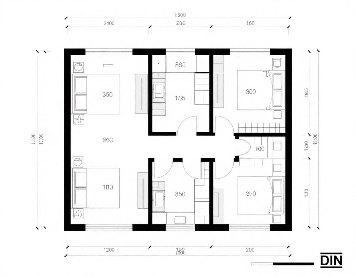 Grundriss lesen — Beispiel einer 3-Zimmer-Wohnung mit Maßketten, Türsymbolen und Wandstärken nach DIN 1356