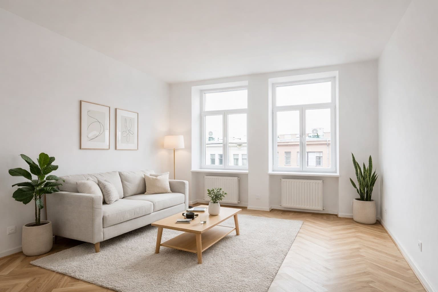 Grundriss lesen — gleicher Raum nach virtuellem Home Staging mit skandinavischer Einrichtung