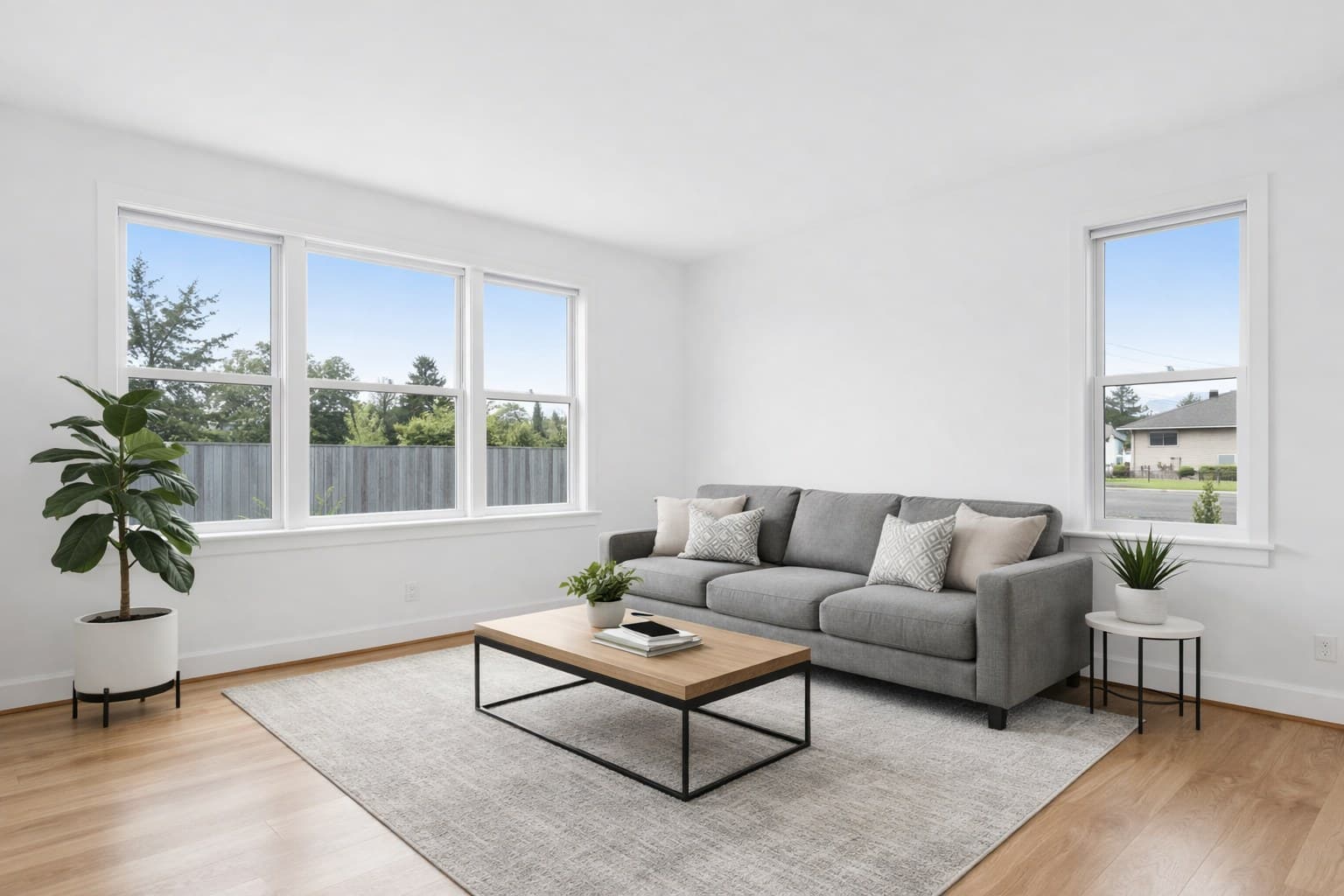 Grundriss planen — gleicher Raum nach virtuellem Staging mit moderner skandinavischer Einrichtung