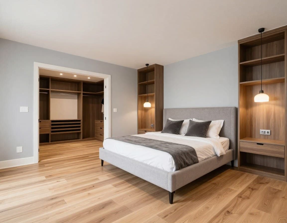 Geräumiges Schlafzimmer mit Blick auf begehbaren Kleiderschrank in einem deutschen Einfamilienhaus