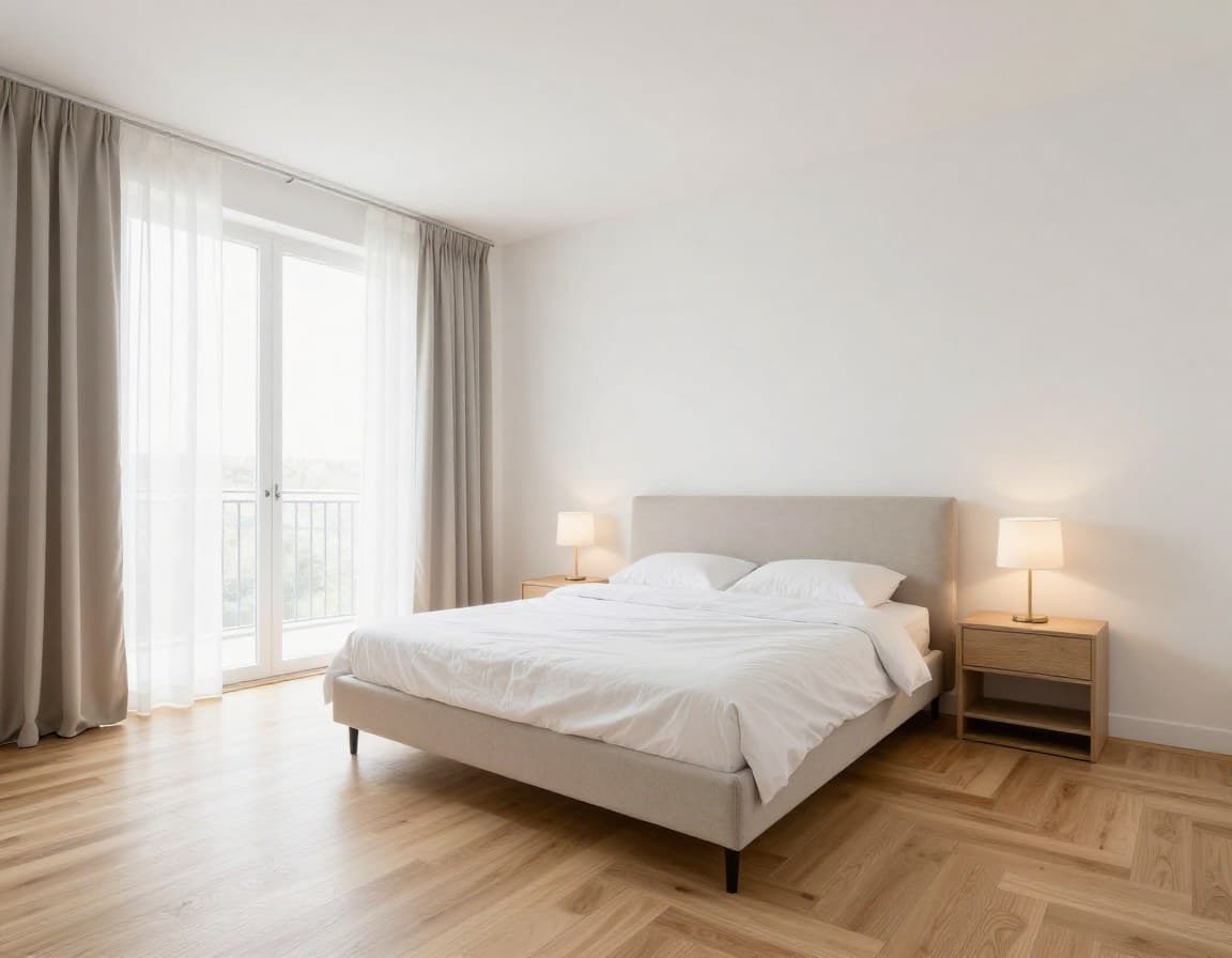 Modernes Schlafzimmer mit Doppelbett in einer deutschen Wohnung, helle Einrichtung mit Holzboden