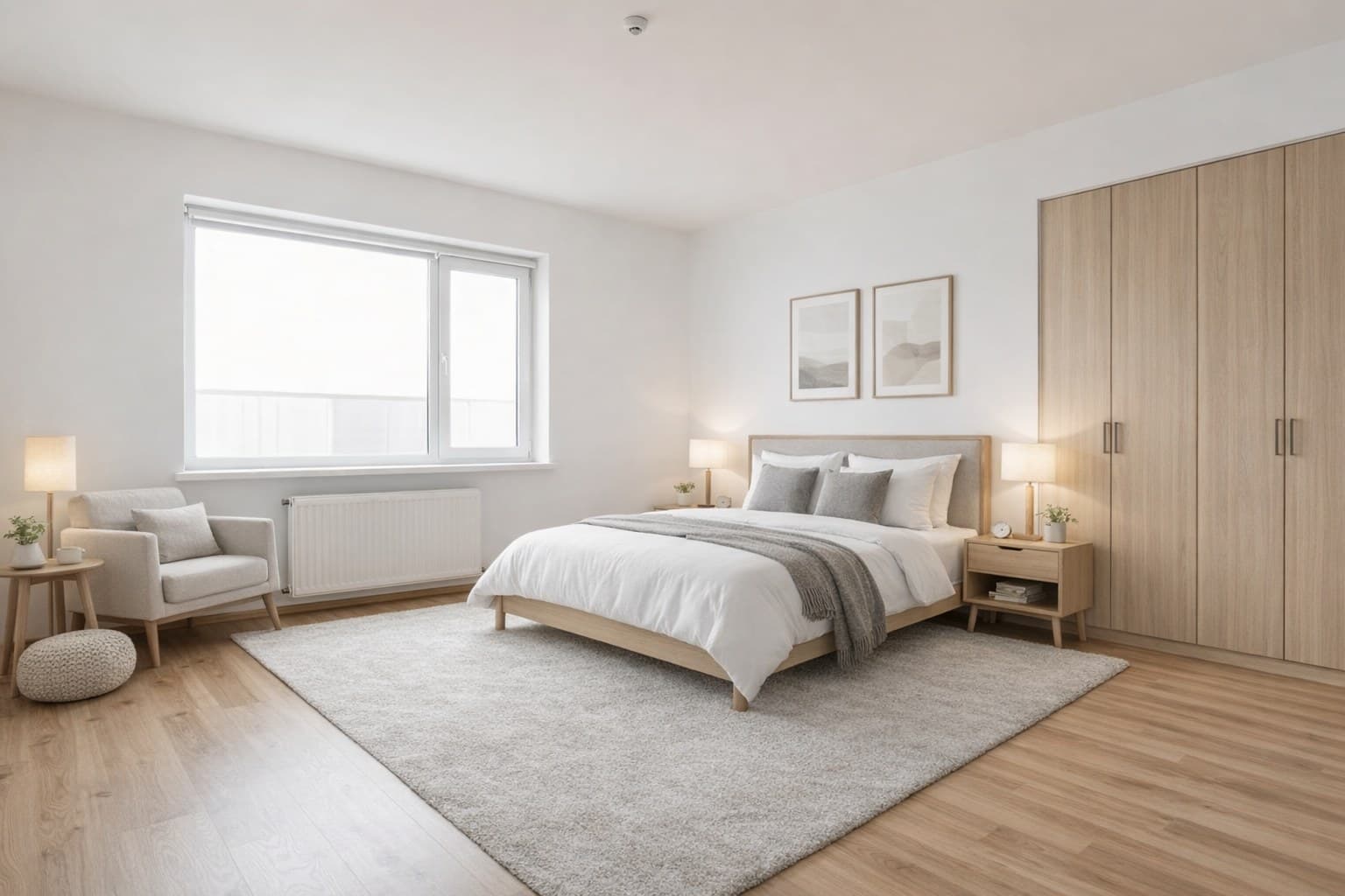 Schlafzimmer nach Virtual Staging mit Doppelbett, Nachttischen und Teppich