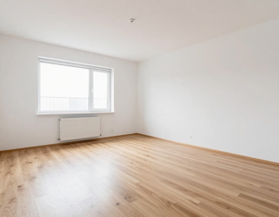 Leeres Schlafzimmer vor Virtual Staging — kahle Wände und Holzboden