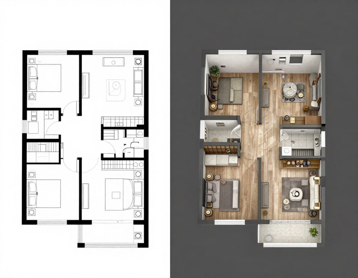 Vergleich: 2D-Grundriss links, 3D-Grundriss rechts — derselbe Wohnungsgrundriss