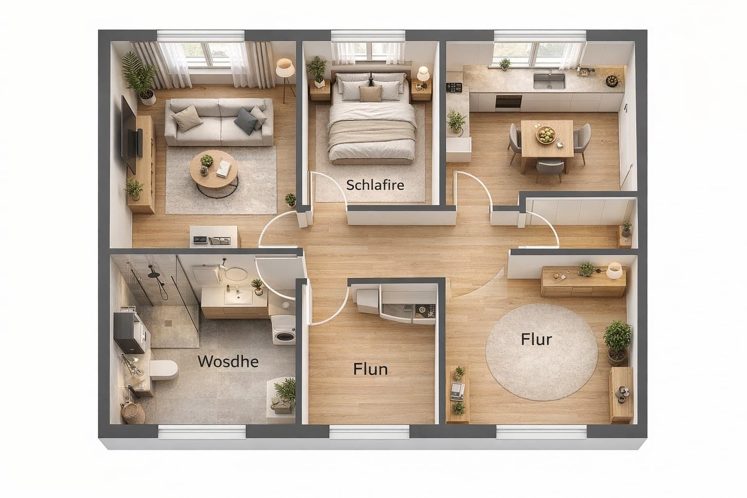 Aufgewerteter, maßstabsgetreuer 3D-Grundriss derselben Wohnung fürs Exposé (Nachher)