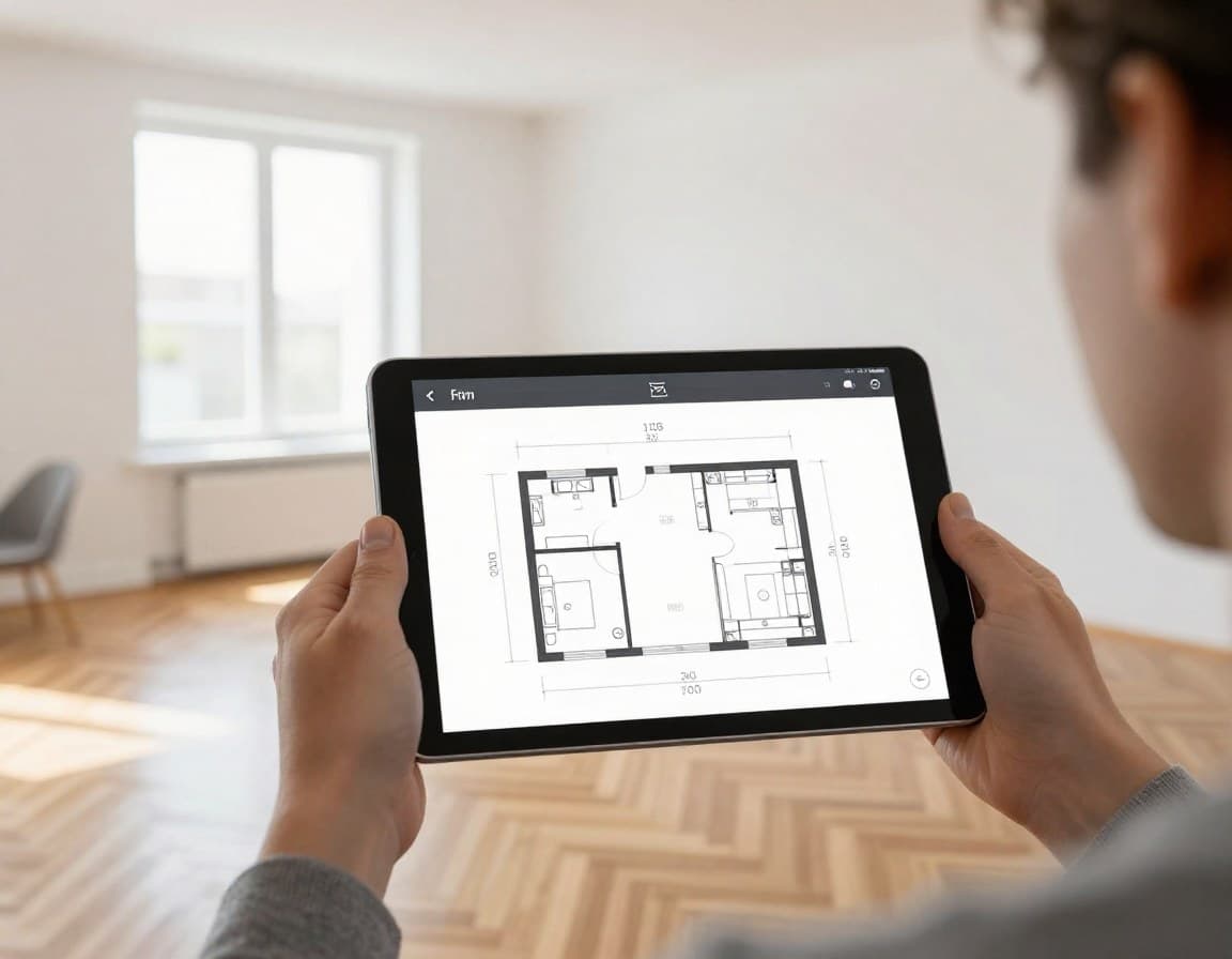 Tablet mit AR-Overlay beim Vermessen eines Raums in einer deutschen Wohnung