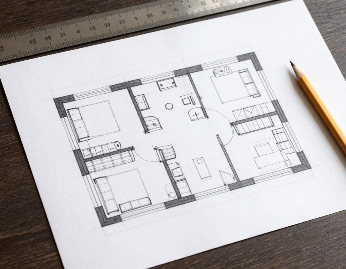 Handgezeichnete Grundriss-Skizze auf Papier -- unprofessionell für Exposés