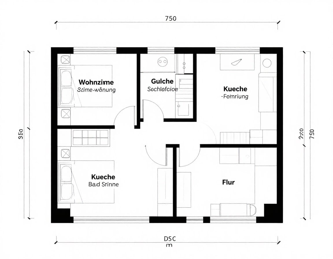 Fertiger KI-Grundriss einer 3-Zimmer-Wohnung mit Raumbezeichnungen und Maßen