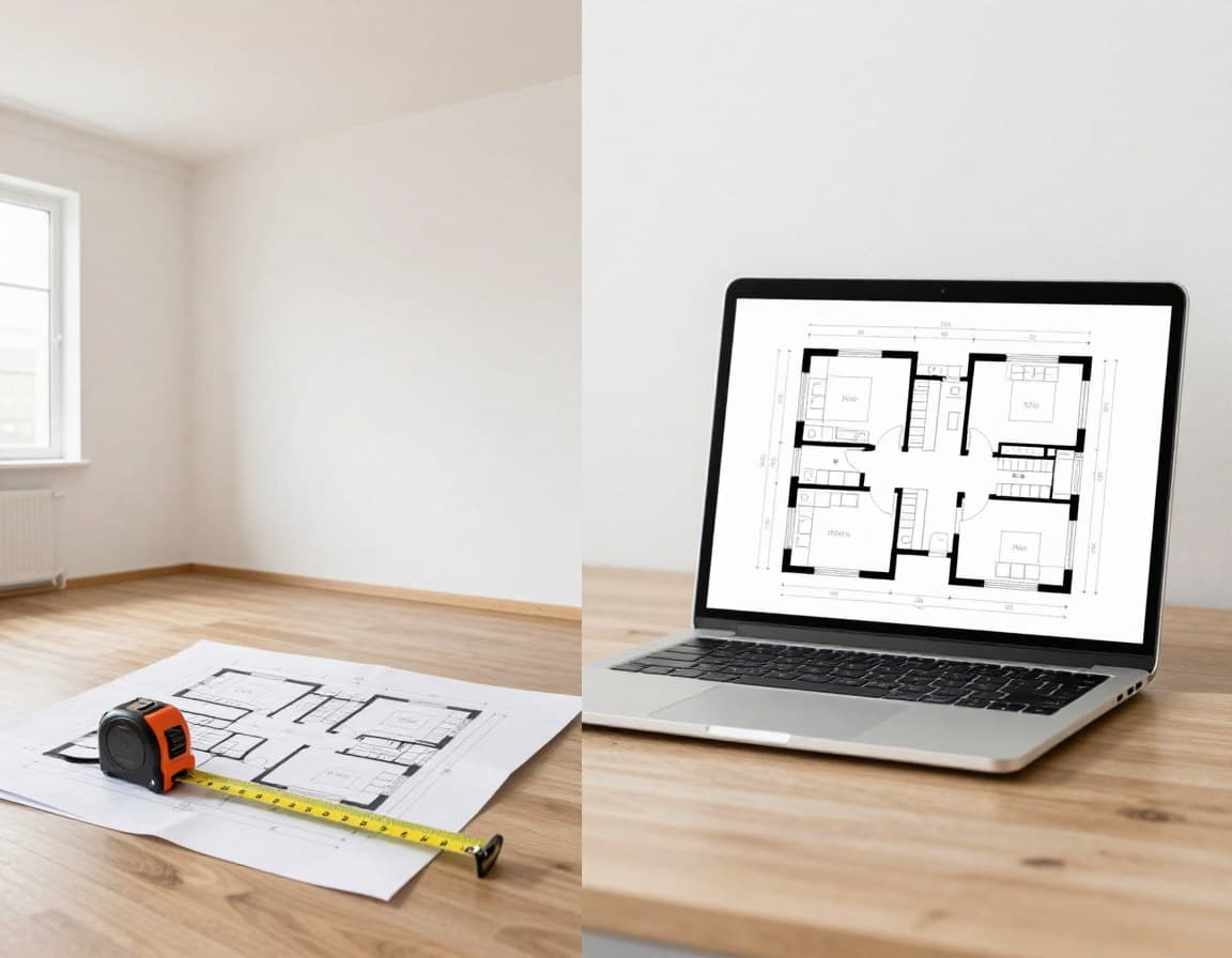 Vergleich: Manuelles Messen mit Maßband vs. KI-Grundriss auf dem Laptop