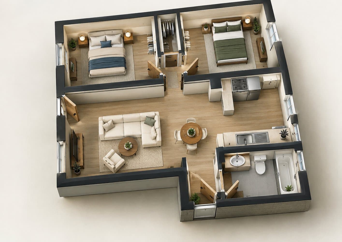 Möblierter 3D-Grundriss einer Dreizimmerwohnung, erstellt aus einem 2D-Plan