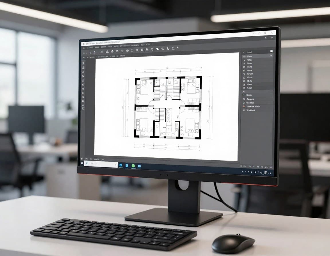 Desktop-Grundriss-Programm auf Monitor -- CAD-Software mit detailliertem Grundriss