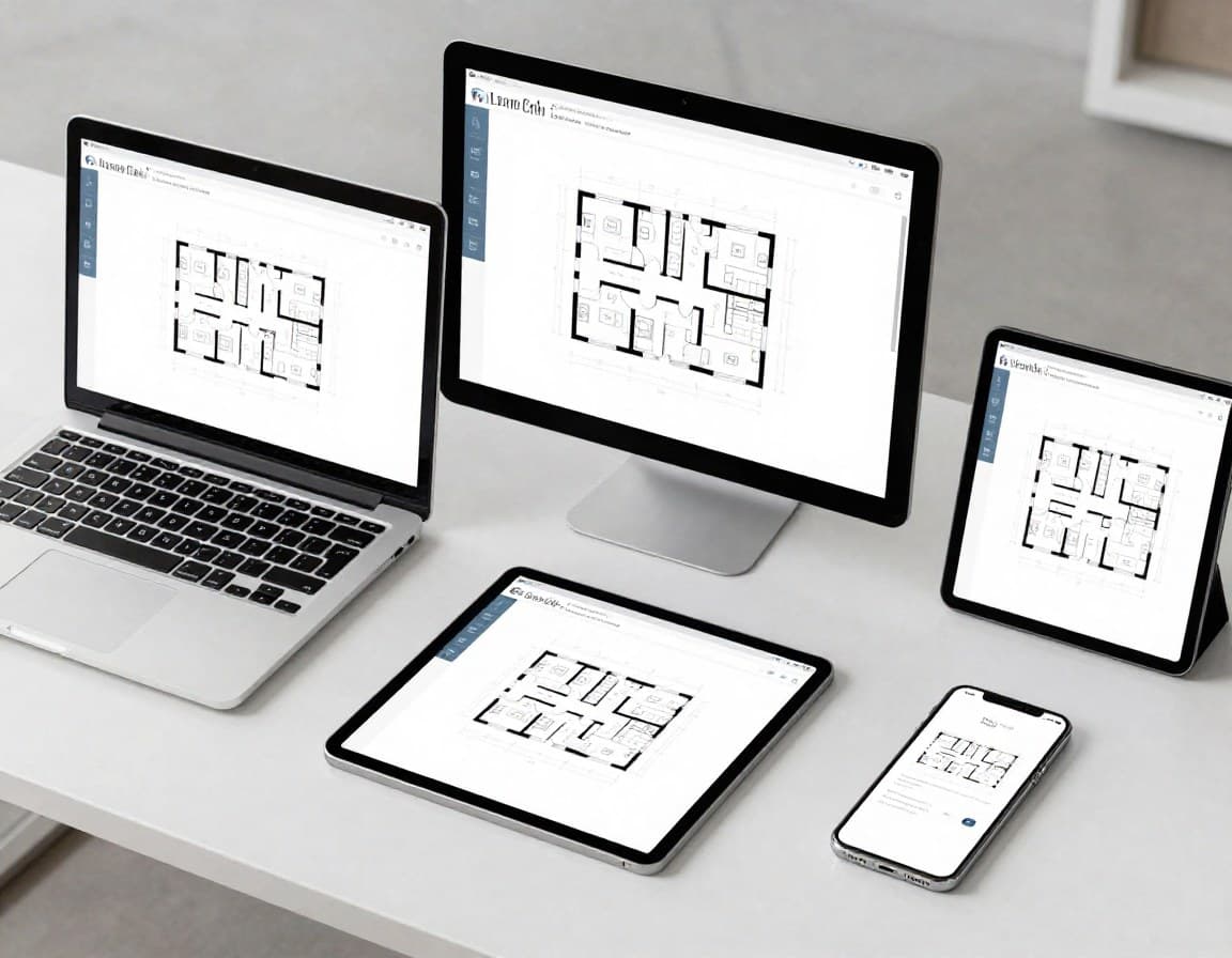 Verschiedene Grundriss-Tools auf Laptop, Tablet und Smartphone -- Multi-Device-Vergleich