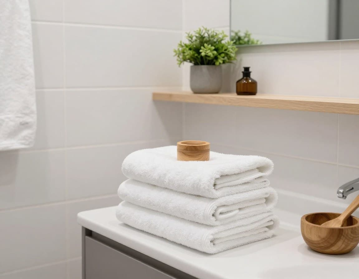 Professionell gestagtes Badezimmer mit Spa-Atmosphäre — weiße Handtücher, Holzakzente, grüne Pflanze