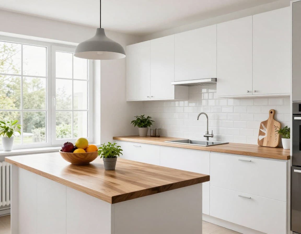 Gestagte Küche mit leeren Arbeitsplatten und frischen Kräutern in einer deutschen Wohnung