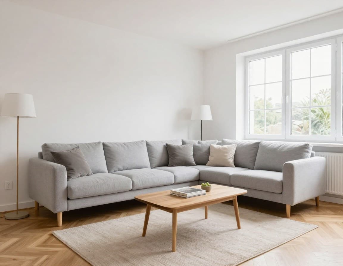 Gestagetes Wohnzimmer mit modernem Sofa und Holzcouchtisch in einer deutschen Eigentumswohnung