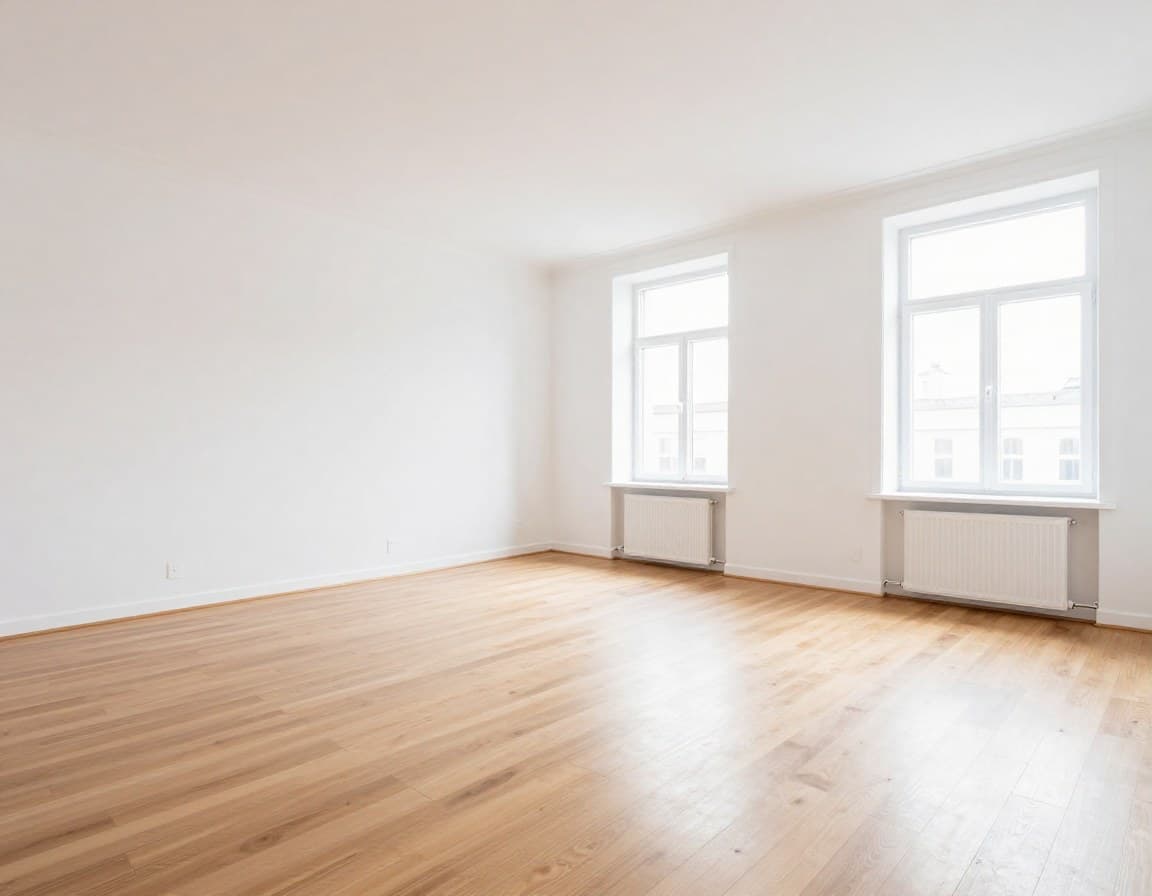 Leere Bremer Wohnung vor Virtual Staging mit hellem Holzboden und grossen Fenstern