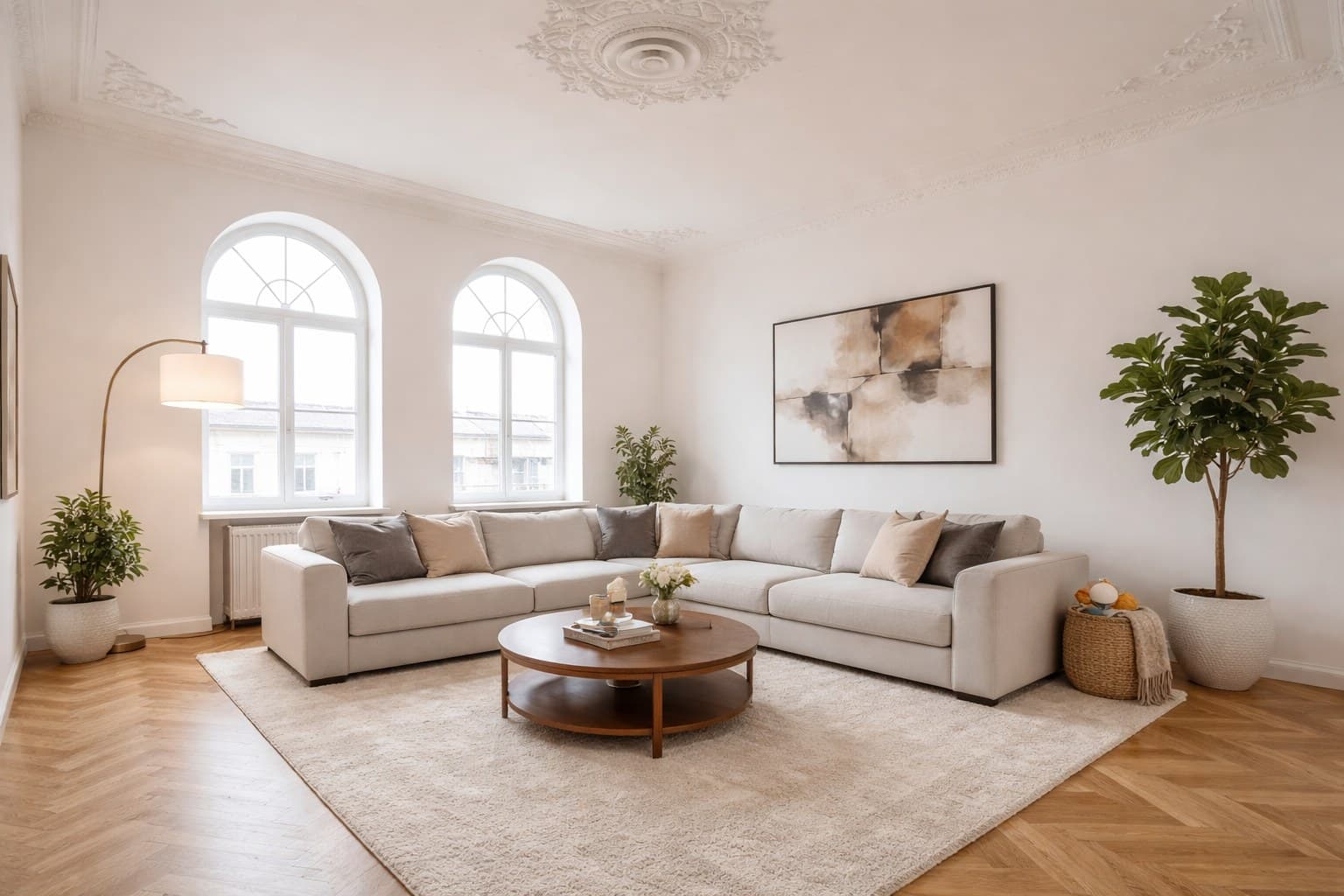 Dresdner Gründerzeit-Wohnung nach Virtual Staging mit modernen Möbeln und Pflanzen