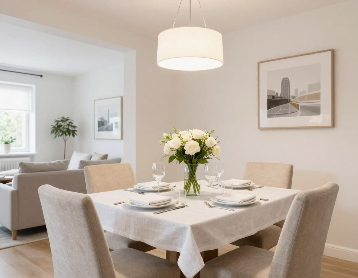 Professionell gestyltes Esszimmer nach Home Staging — Esstisch mit Pendelleuchte und frischen Blumen