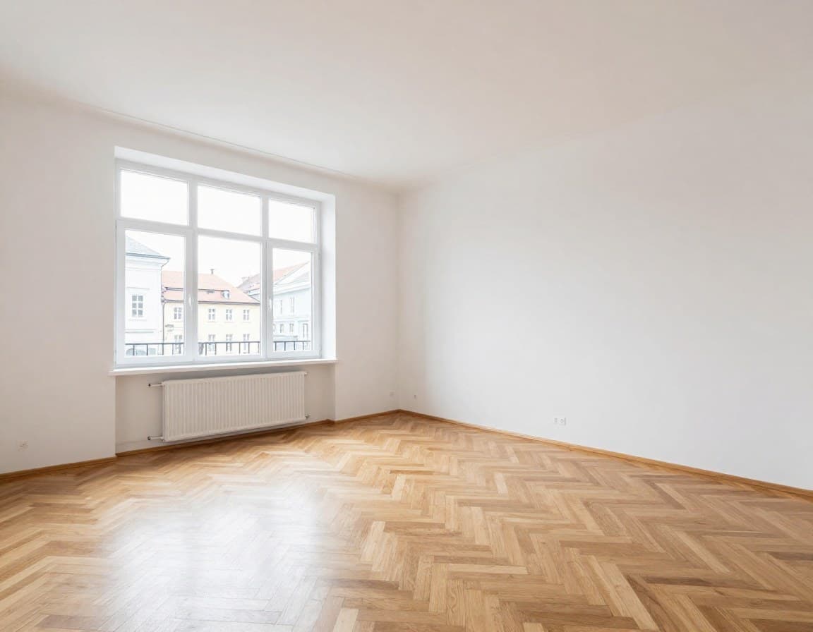 Leere Grazer Gründerzeit-Wohnung vor Virtual Staging — hohe Decken, Parkettboden