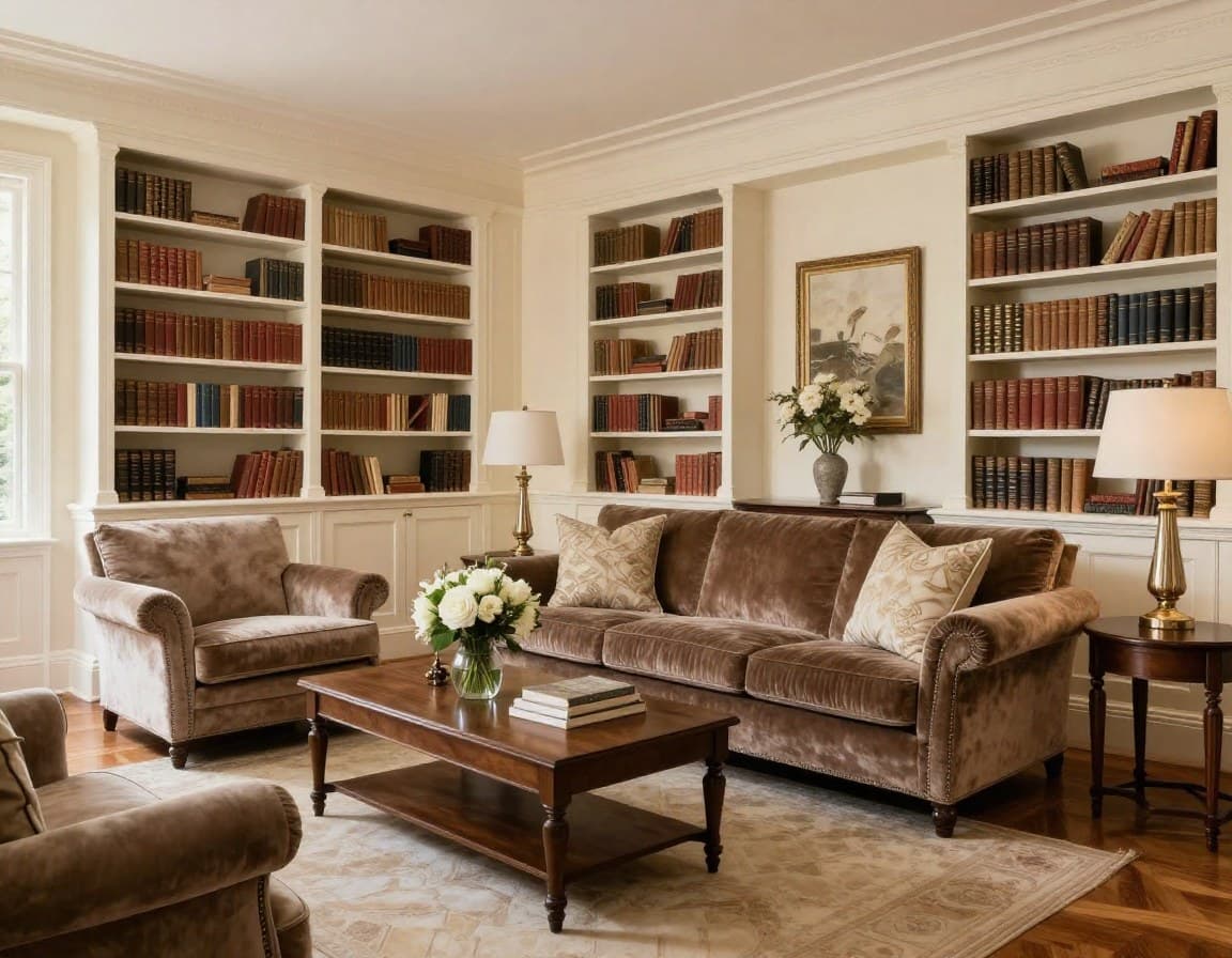 Klassisch gestagtes Wohnzimmer in Köln-Lindenthal mit warmen Farben und Bücherregal