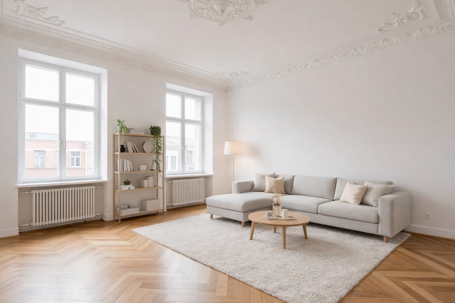 Kölner Altbauwohnung nach Virtual Staging mit modernen Möbeln und Stuckdecke