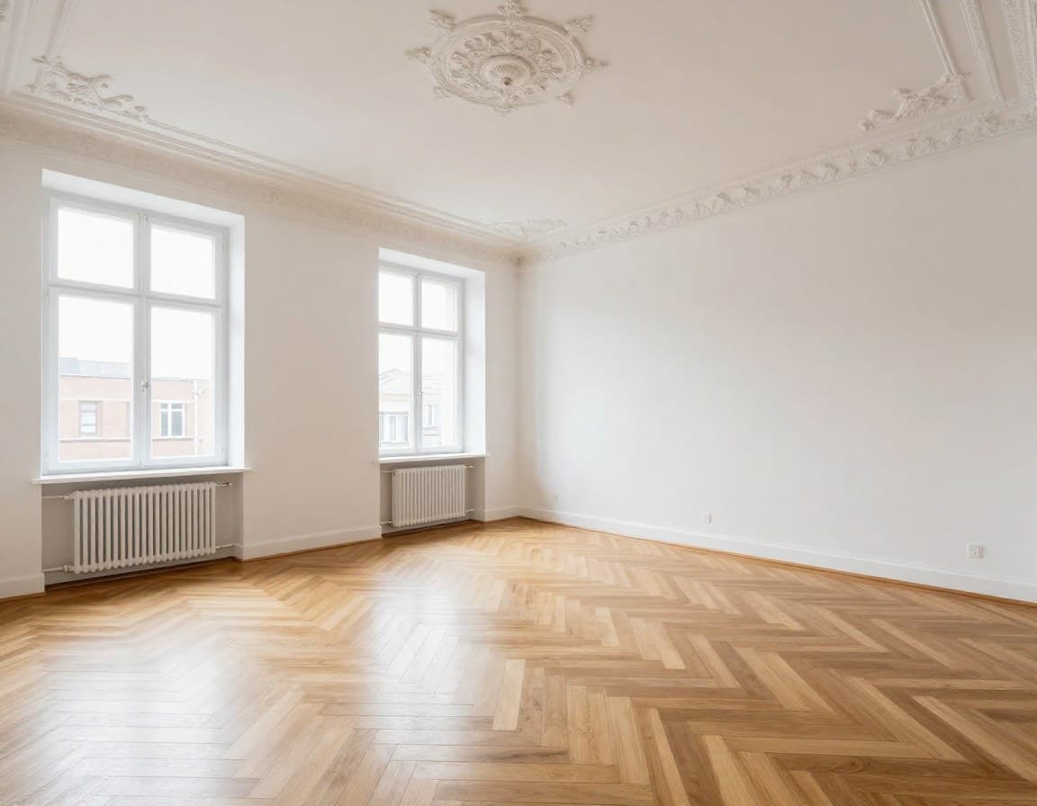 Leere Kölner Altbauwohnung mit Stuckdecke vor Virtual Staging
