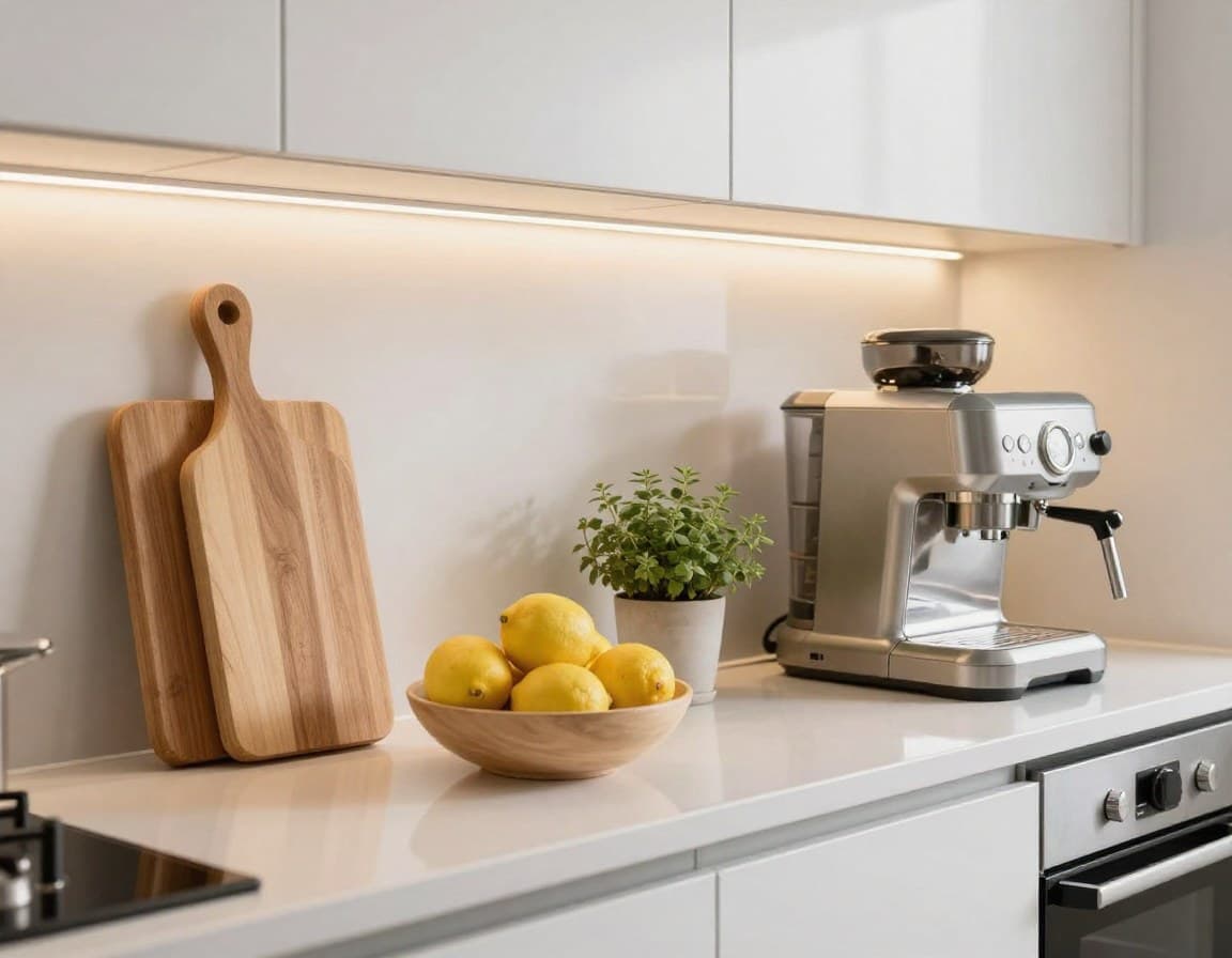 Professionell gestage Küche mit Obstschale, Kräuterpflanzen und hellem Schneidebrett