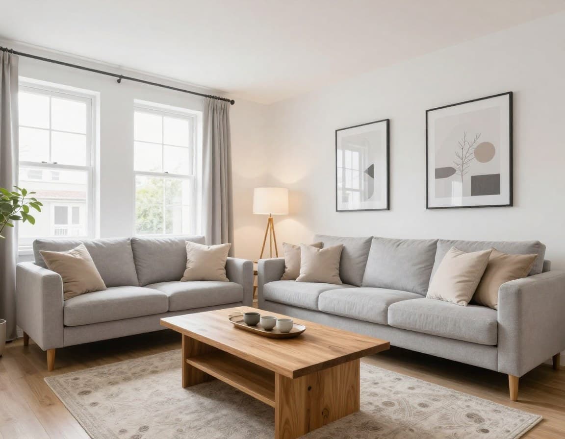 Neutral eingerichtetes Wohnzimmer mit hellen Möbeln — perfektes Home Staging