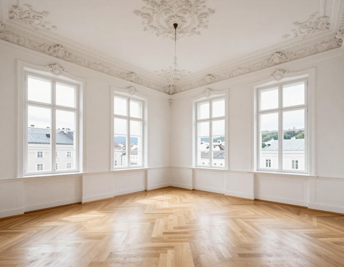 Leere Salzburger Altstadt-Wohnung mit barocker Architektur und Blick auf Altstadtdächer