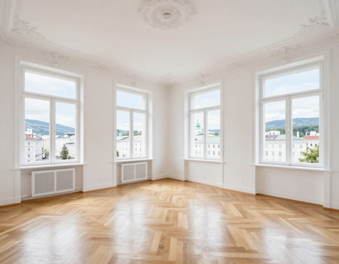 Leeres Wohnzimmer in Salzburger Altbauwohnung vor Virtual Staging